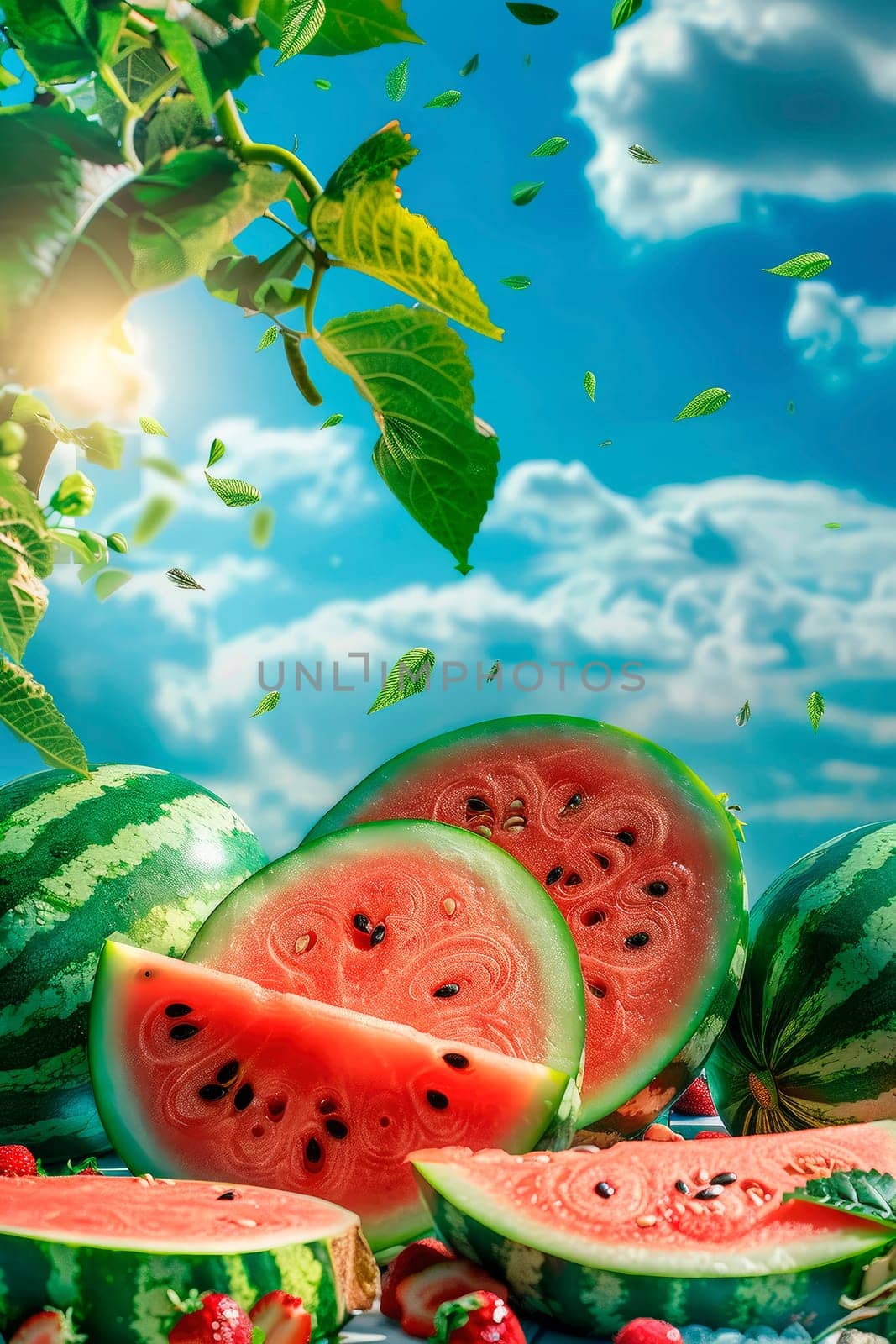 watermelon on a background of palm trees and sky. selective focus. by yanadjana