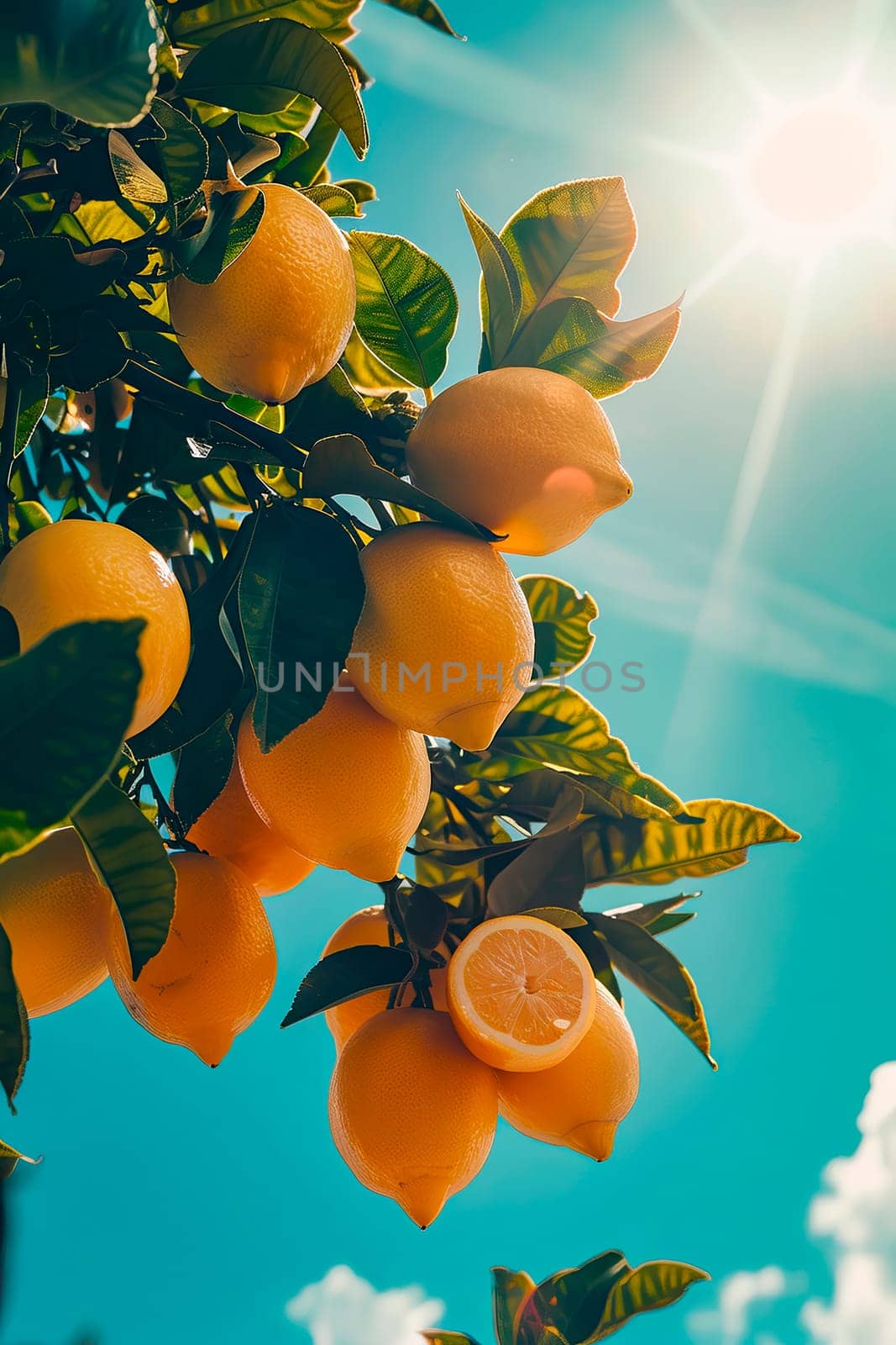 lemon on a background of palm trees and sky. selective focus. by yanadjana