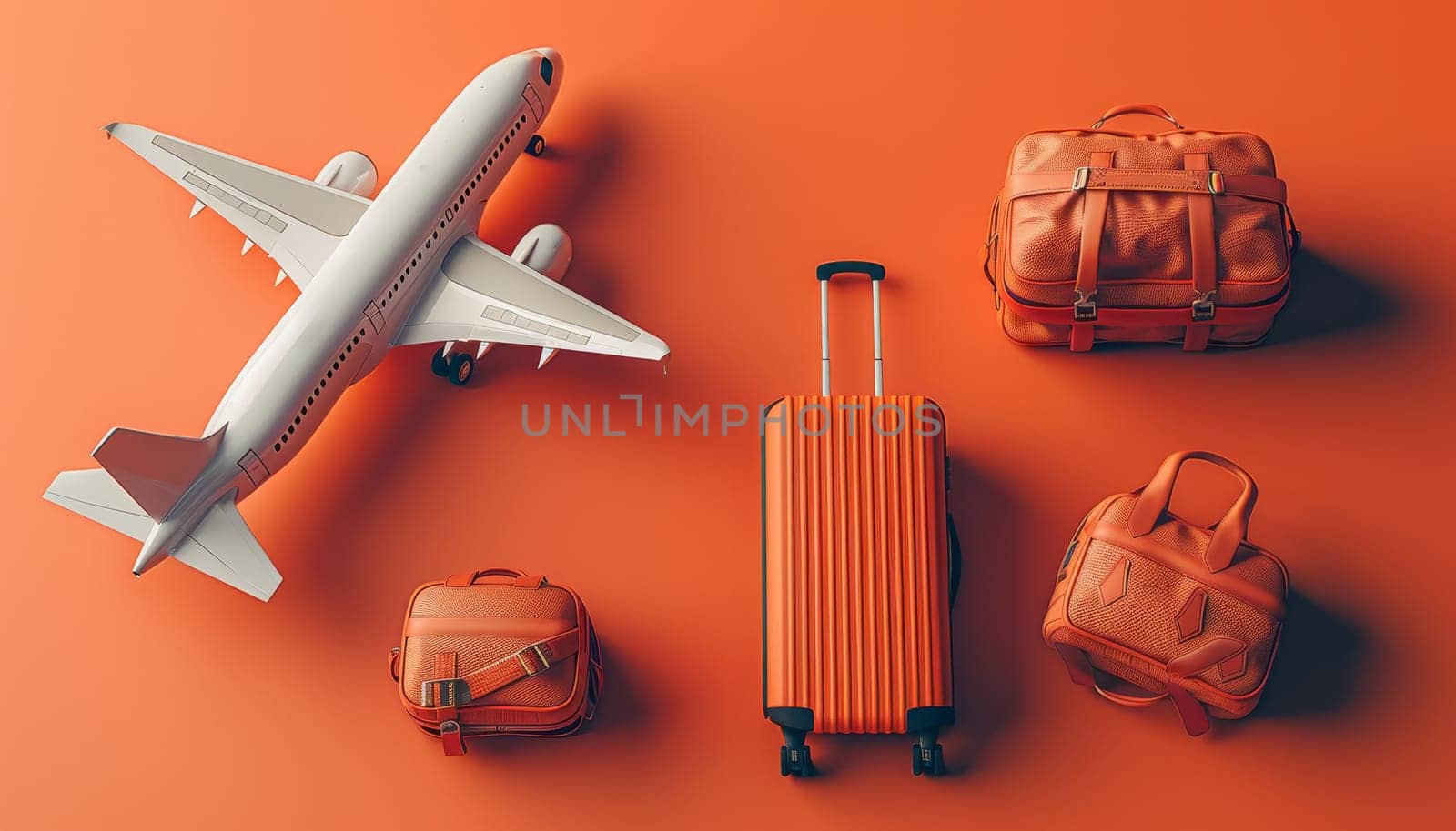 A white airplane is on top of a red surface with a variety of orange luggage by AI generated image.