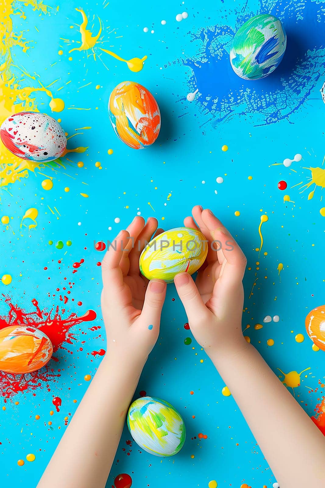 Easter eggs in the hands of a child in his hands. selective focus. by yanadjana