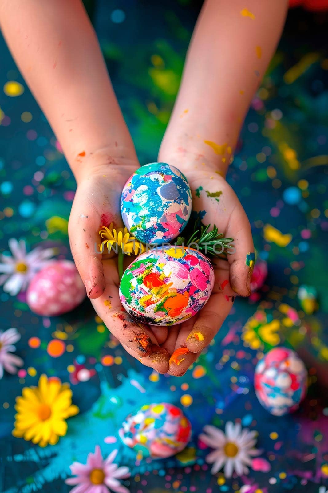 Easter eggs in the hands of a child in his hands. selective focus. by yanadjana