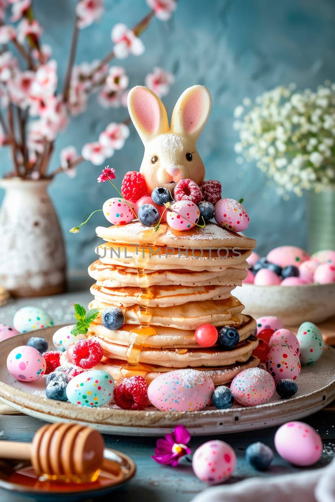 pancakes with Easter eggs. selective focus. by yanadjana