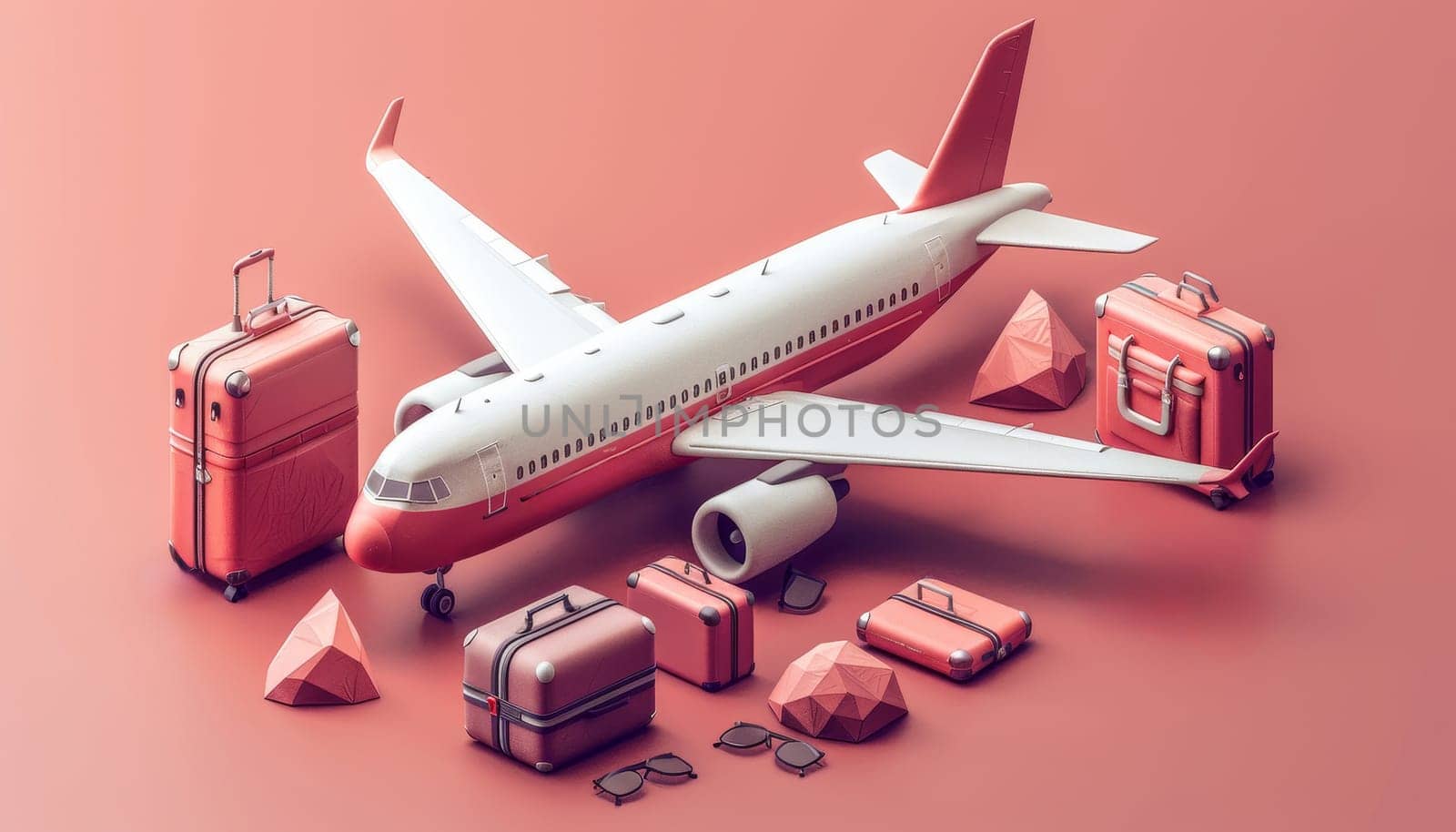 A red and white airplane is surrounded by luggage and rocks by AI generated image.