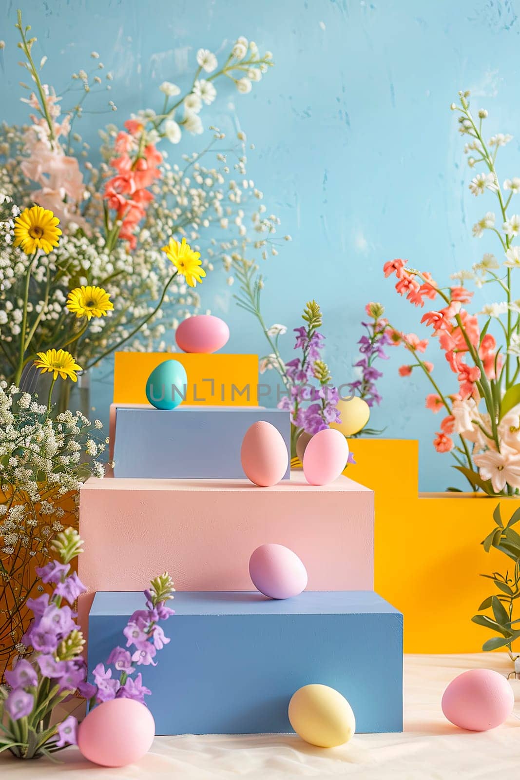 podium and Easter eggs in the garden. selective focus. by yanadjana