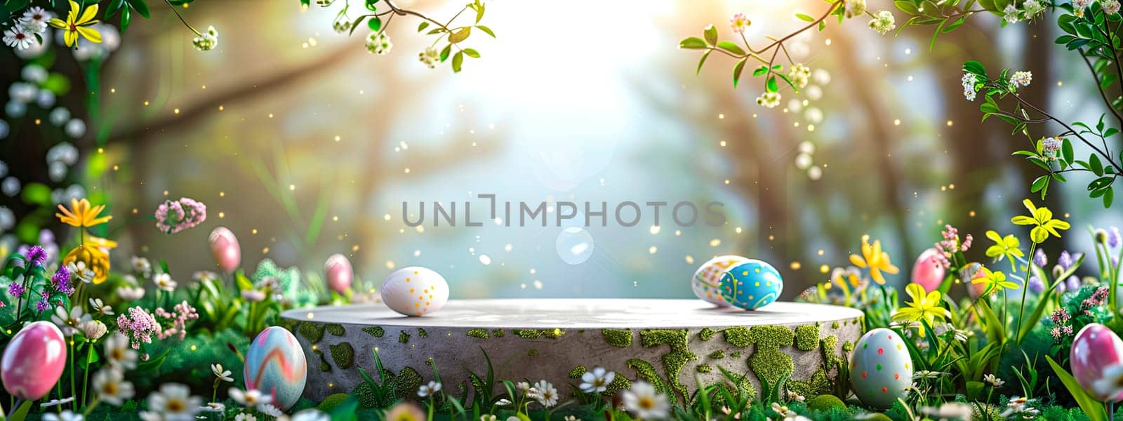 podium and Easter eggs in the garden. selective focus. by yanadjana