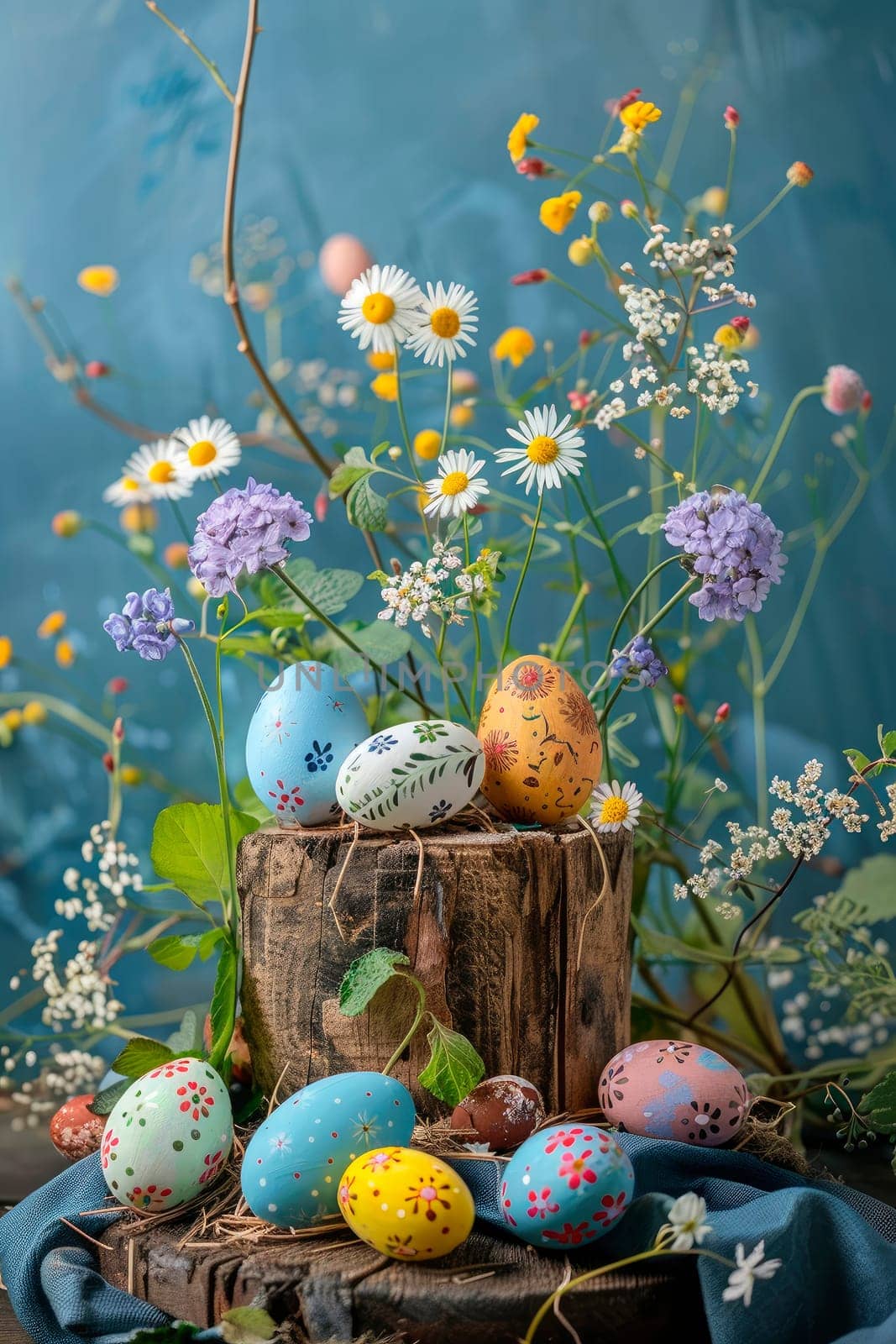 podium and Easter eggs in the garden. selective focus. nature.