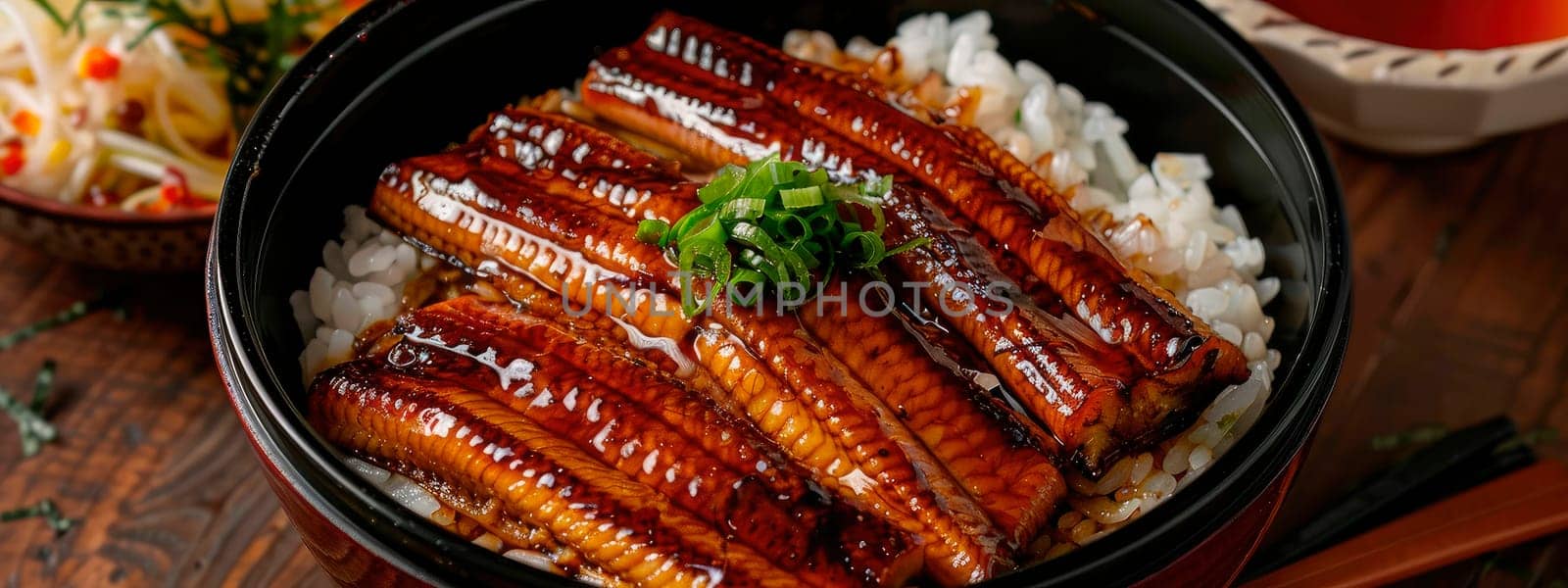 bowl of rice and smoked eel. selective focus. by yanadjana