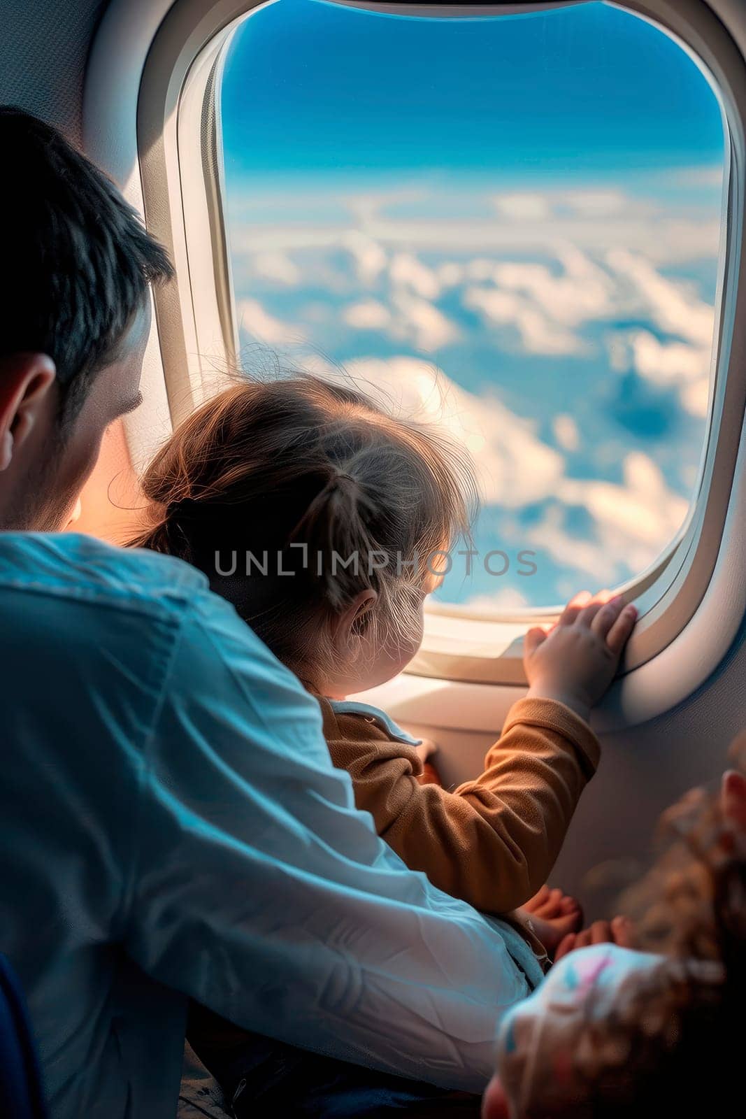 the family is flying on an airplane. selective focus. people.