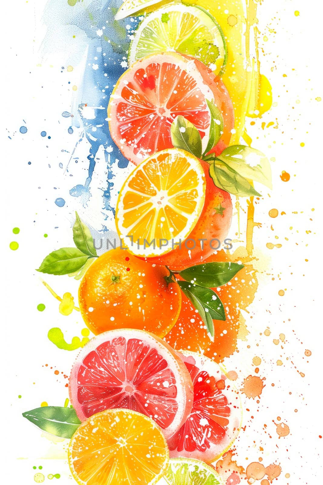 drawing watercolor citrus fruits. selective focus. by yanadjana