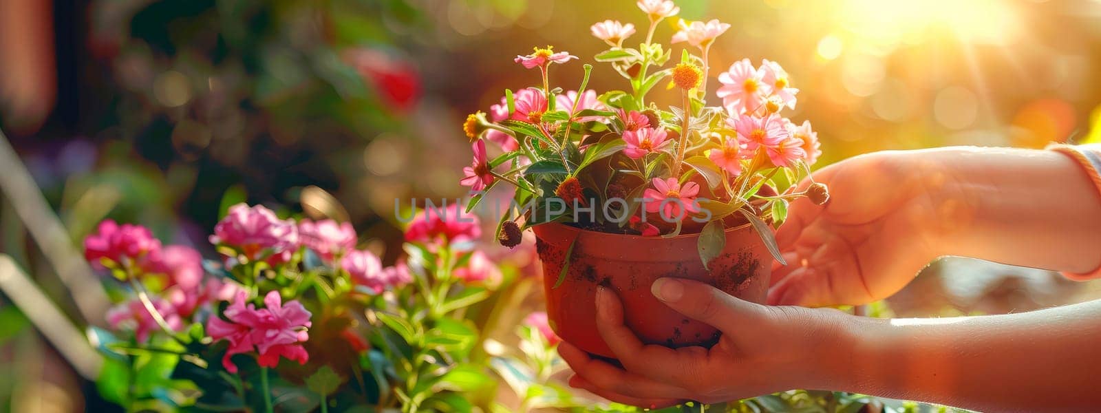 woman plants flowers in the garden. selective focus. nature.