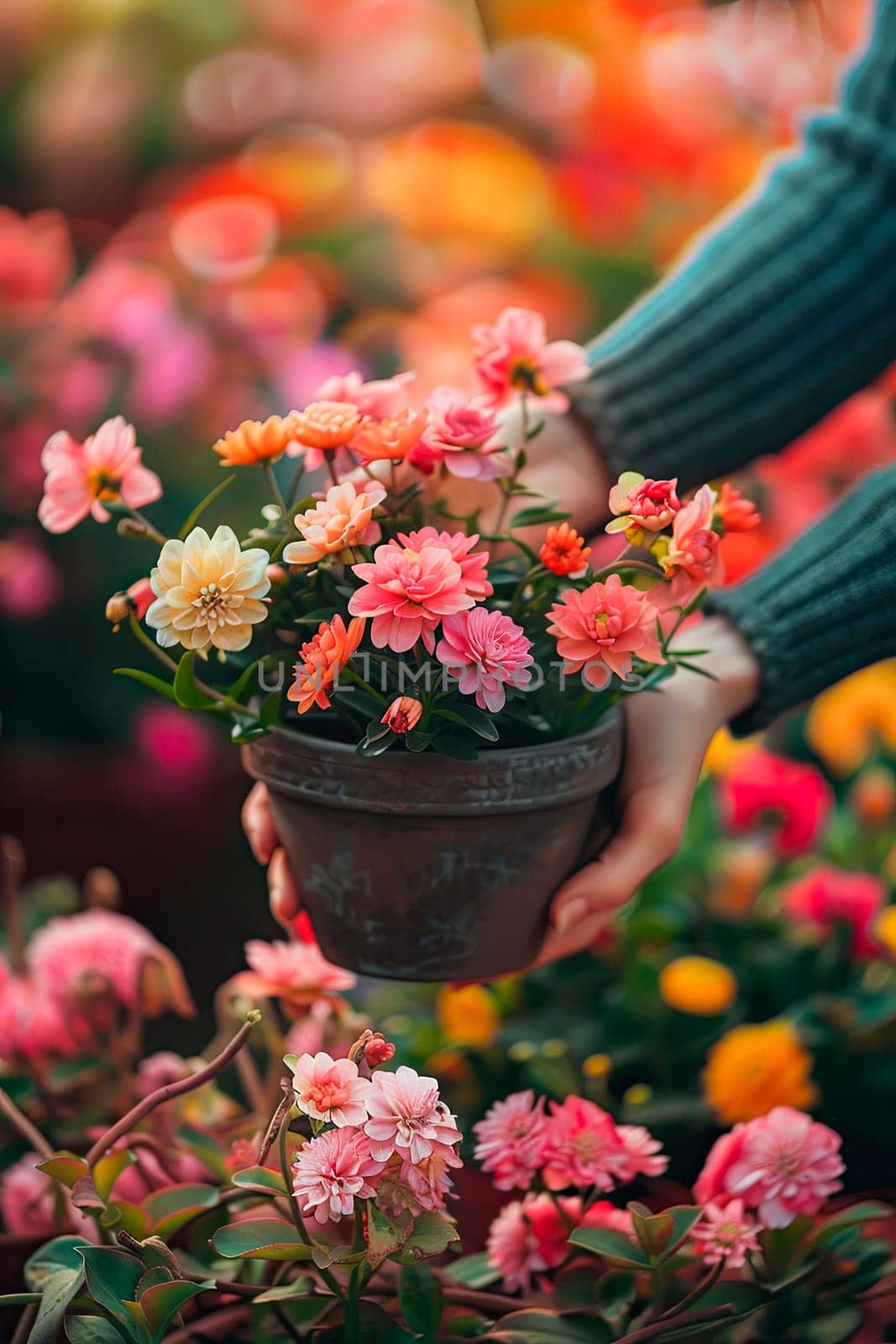 woman plants flowers in the garden. selective focus. nature.