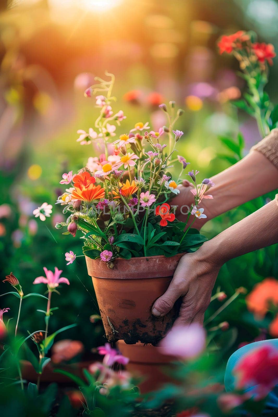 woman plants flowers in the garden. selective focus. by yanadjana