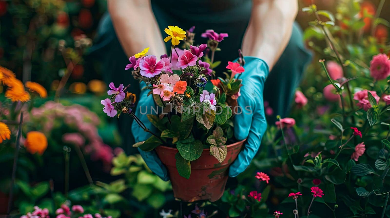 woman plants flowers in the garden. selective focus. nature.