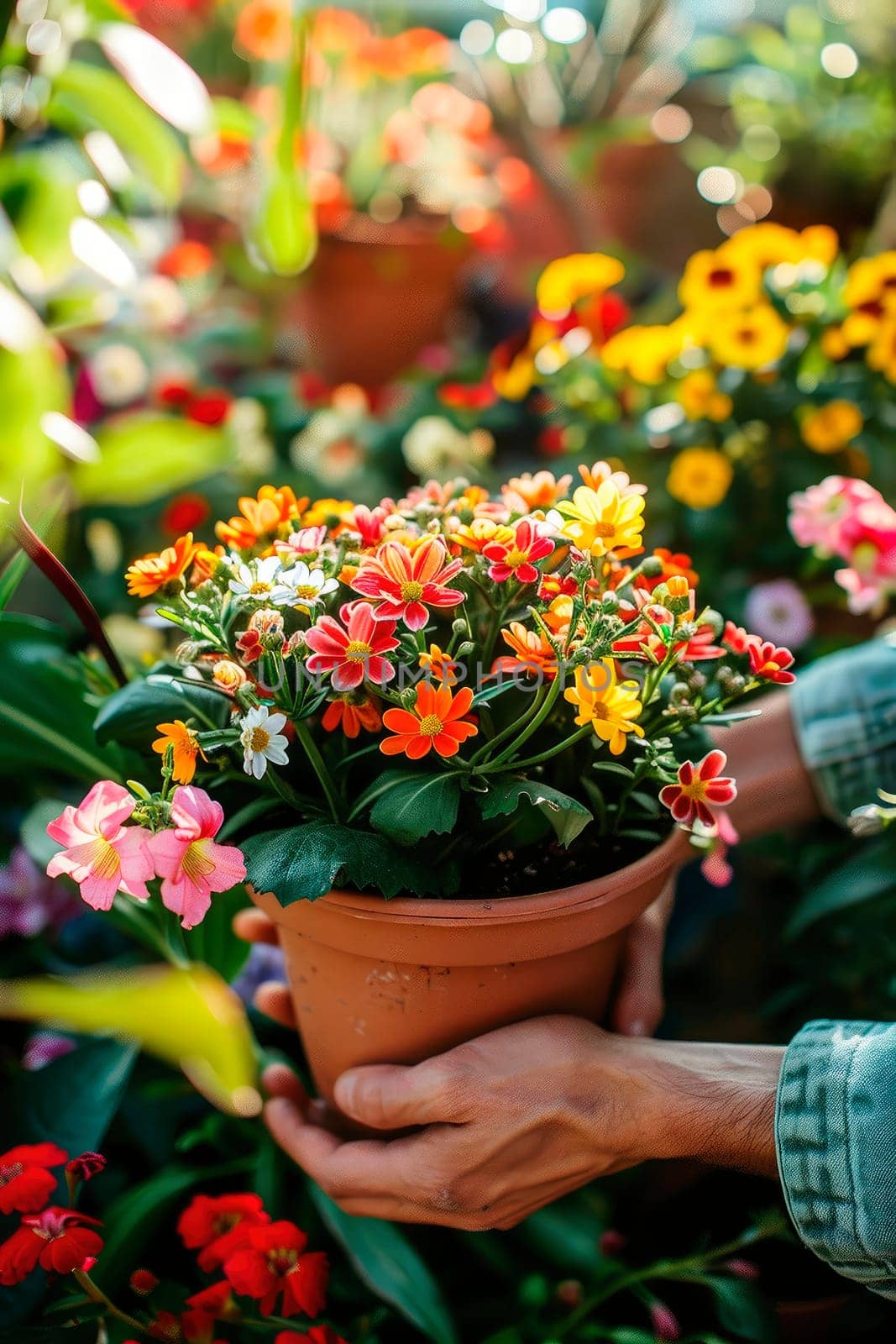 woman plants flowers in the garden. selective focus. nature.