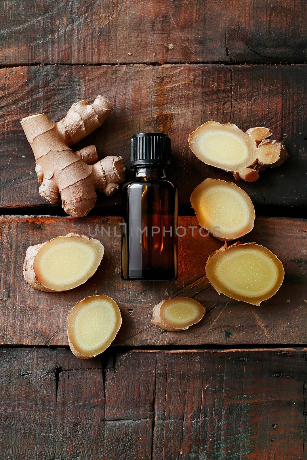 ginger essential oil in a bottle. selective focus. by yanadjana