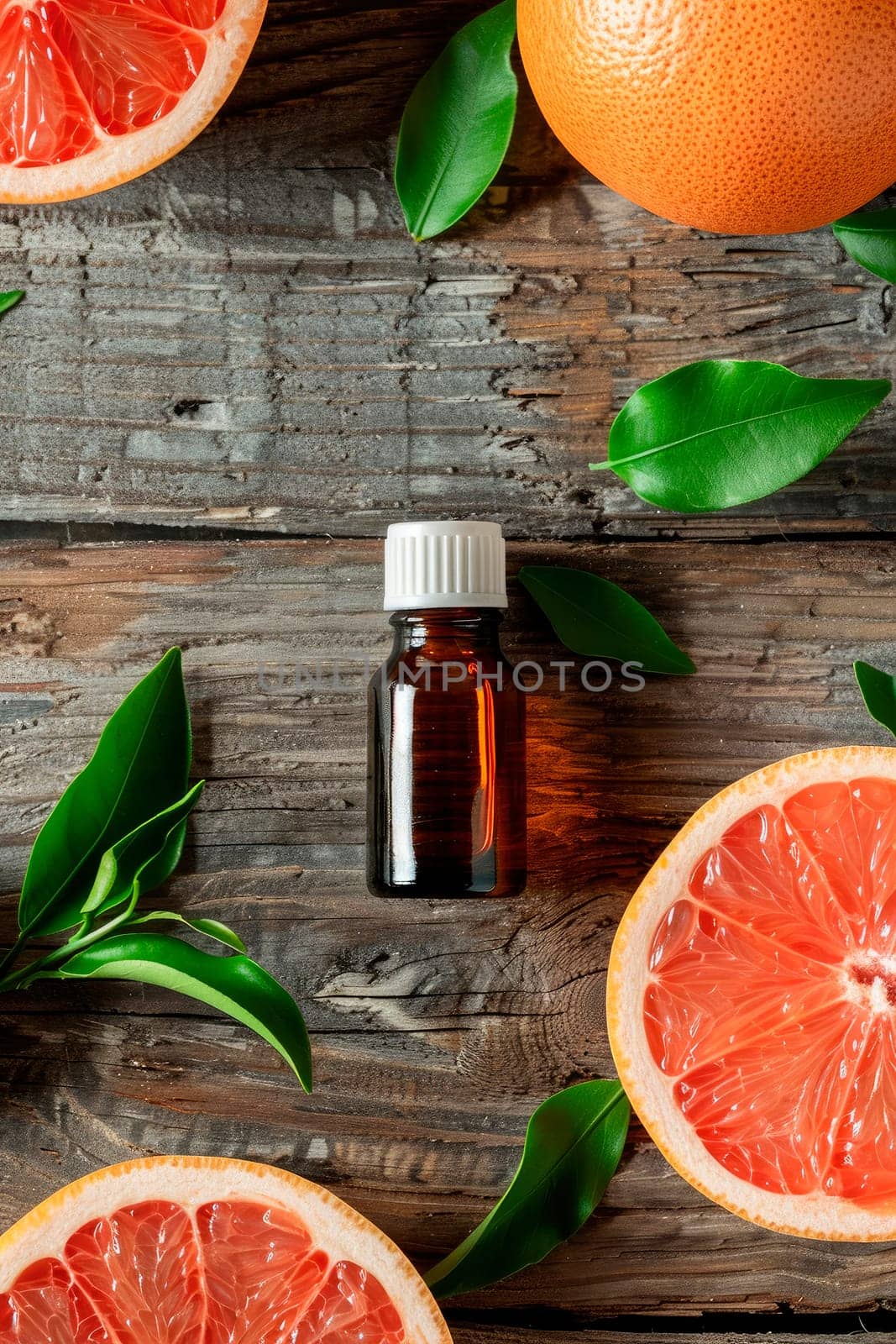 grapefruit essential oil in a bottle. selective focus. by yanadjana