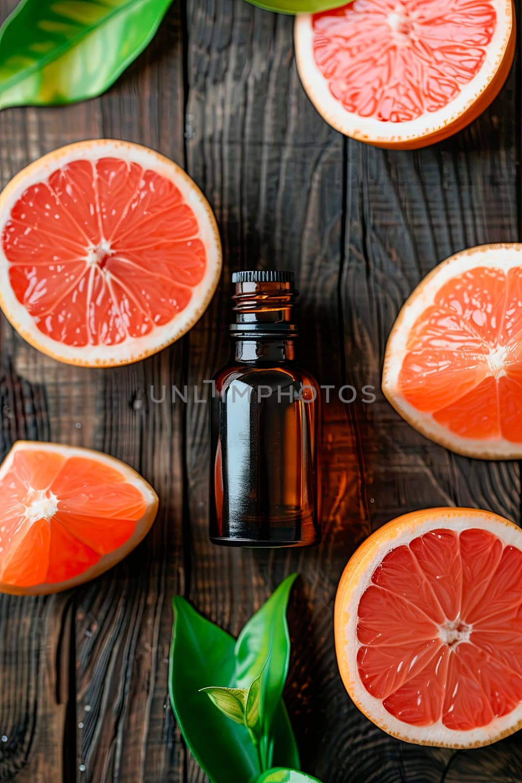 grapefruit essential oil in a bottle. selective focus. by yanadjana