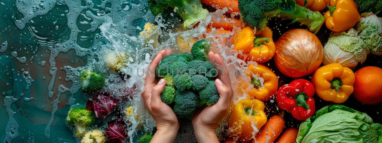 wash different vegetables under water. selective focus. by yanadjana