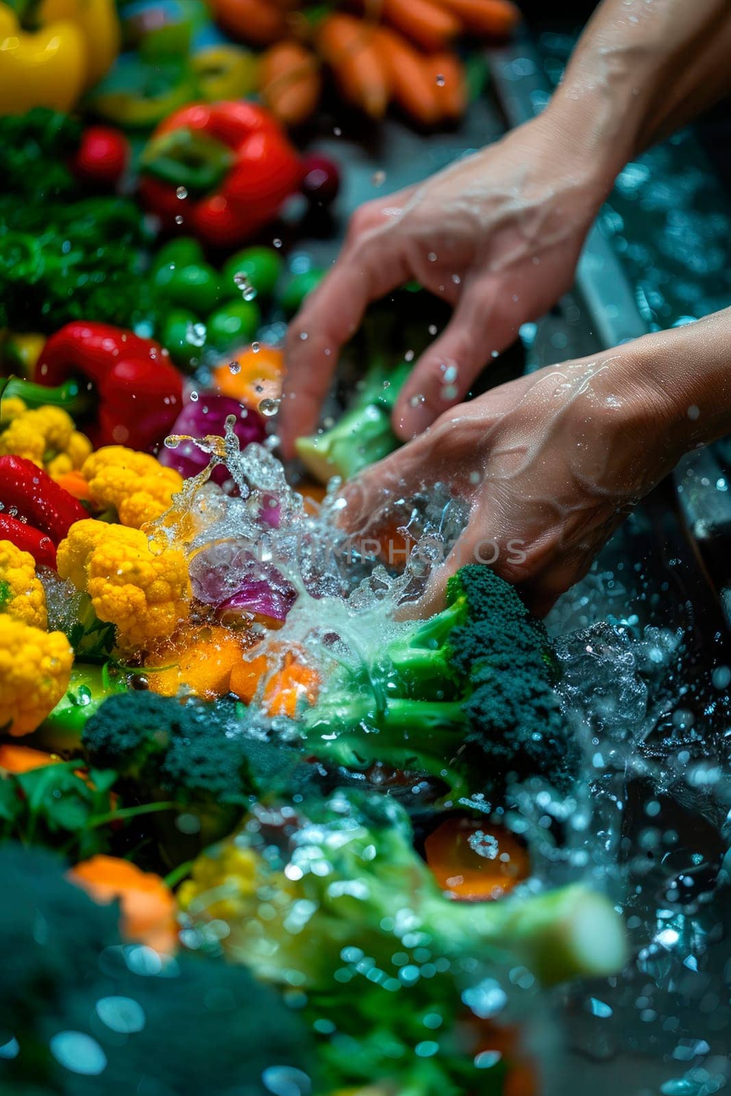wash different vegetables under water. selective focus. nature.