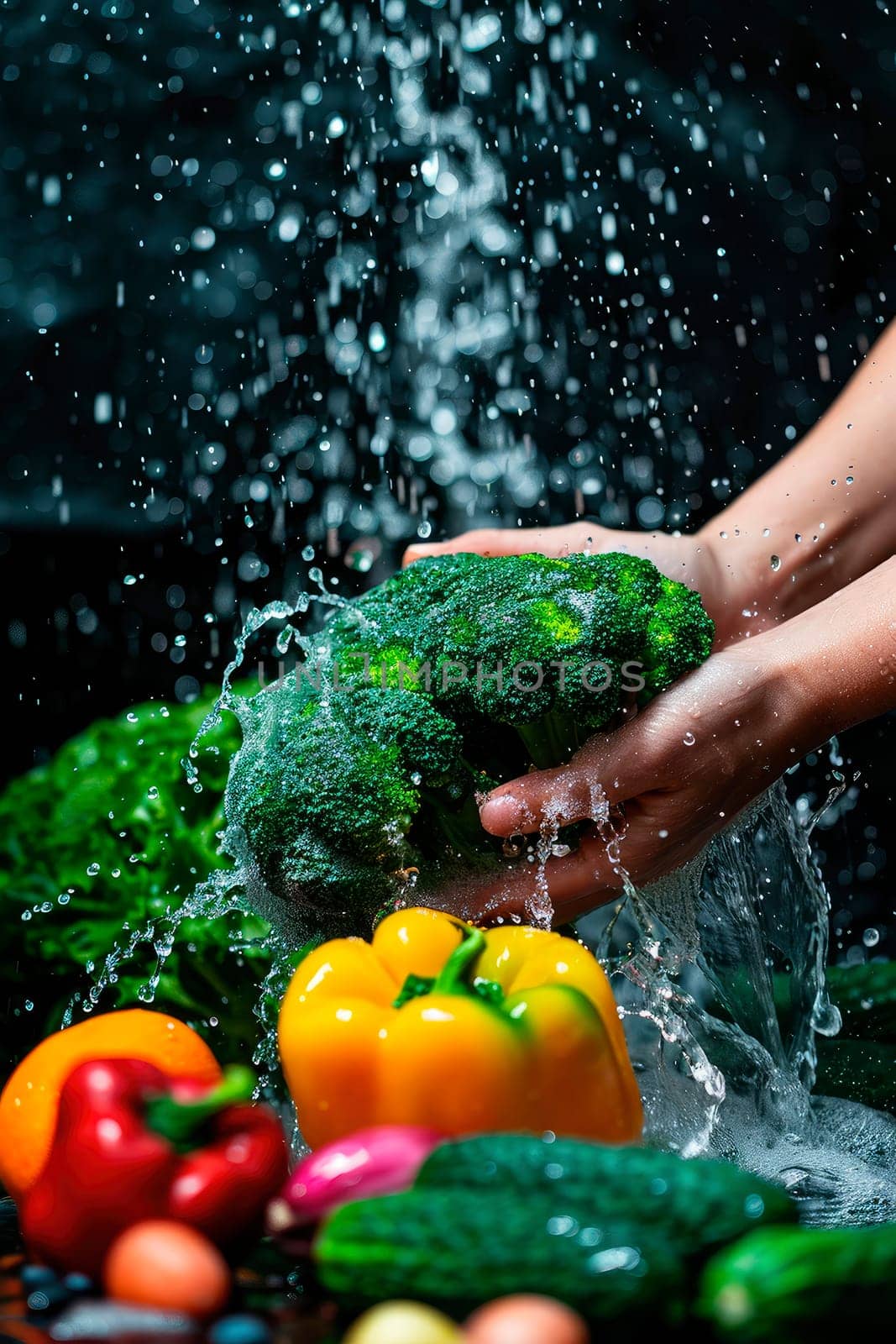 wash different vegetables under water. selective focus. by yanadjana