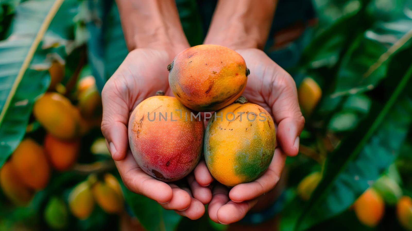 mango in the hands of a farmer. selective focus. by yanadjana