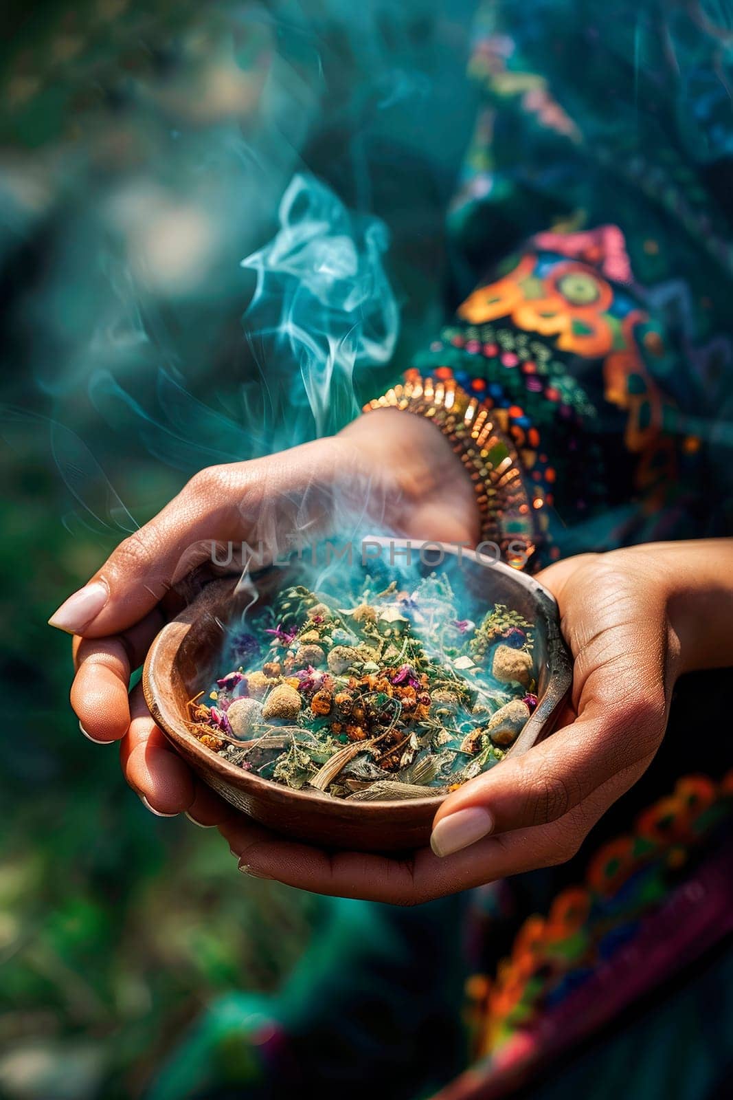 smoke with incense in hands in a bowl. selective focus. nature.