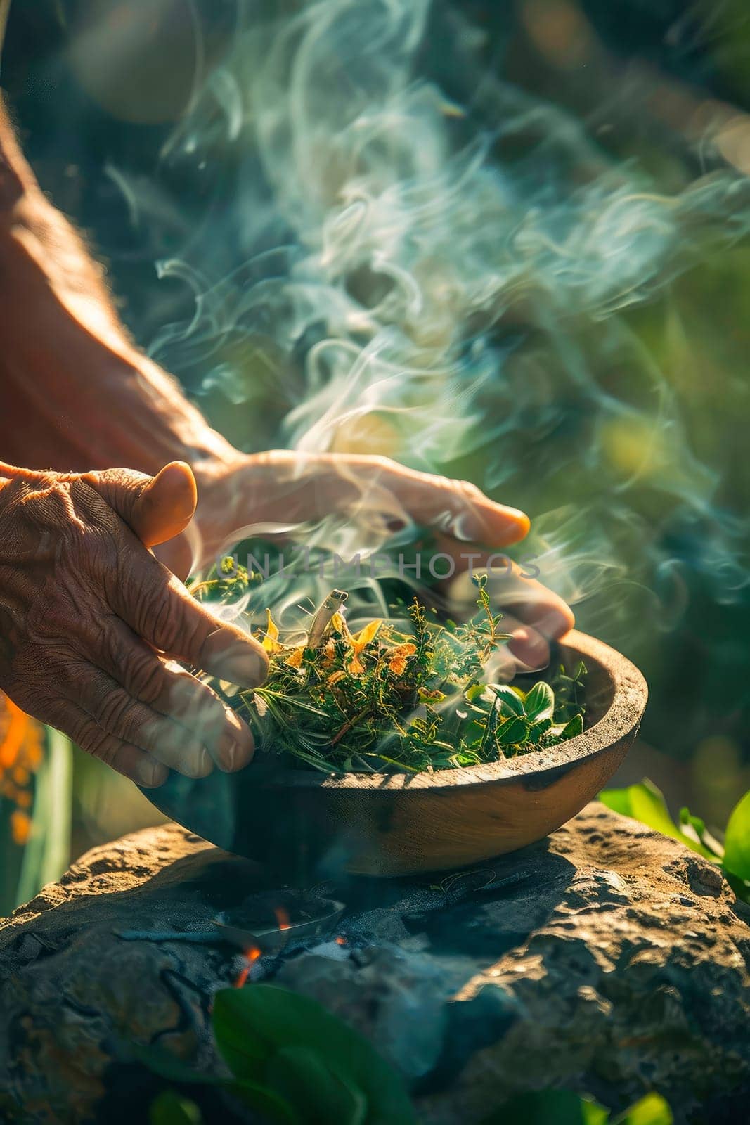 smoke with incense in hands in a bowl. selective focus. nature.