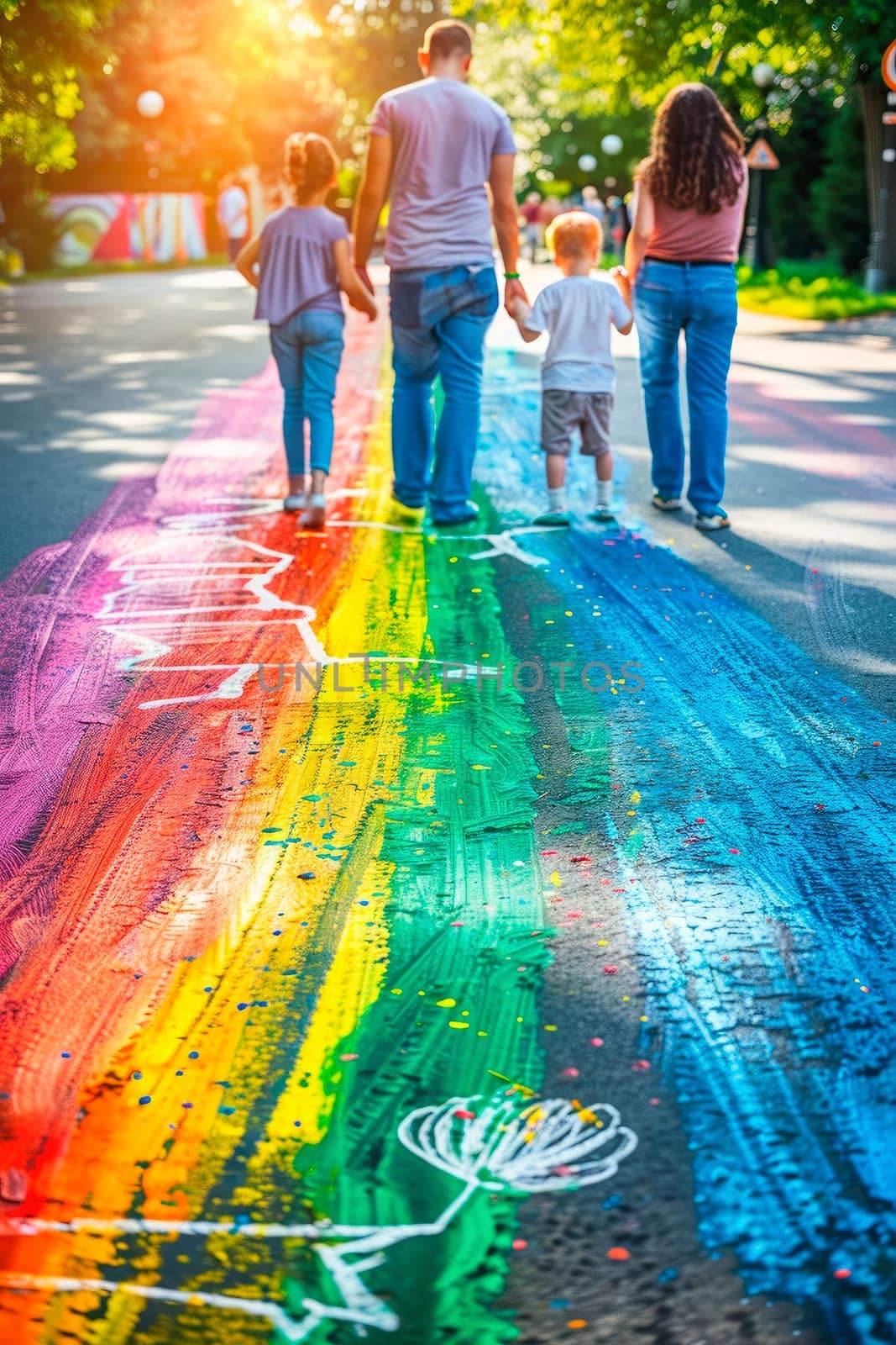 children draw a rainbow on the asphalt with chalk. selective focus. kid.