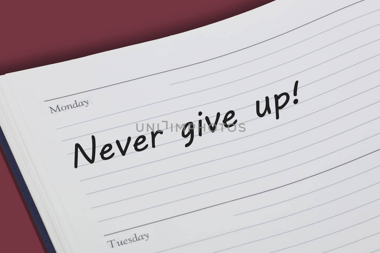 A Never give up reminder message in an open diary