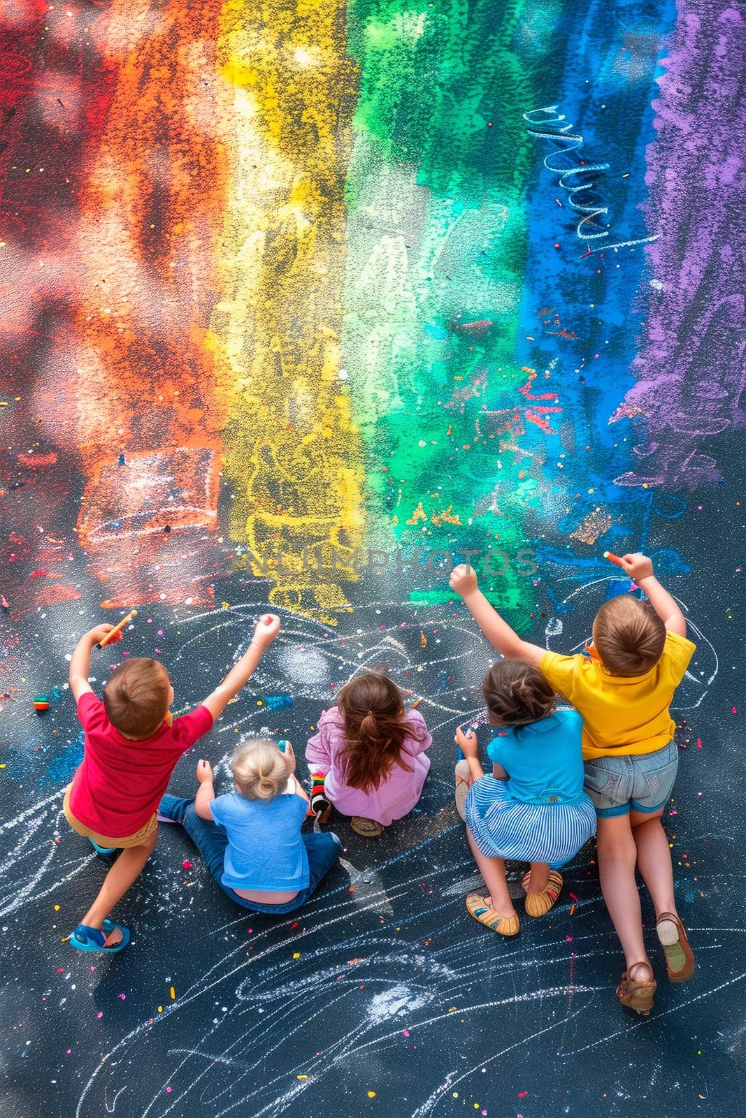 children draw a rainbow on the asphalt with chalk. selective focus. kid.