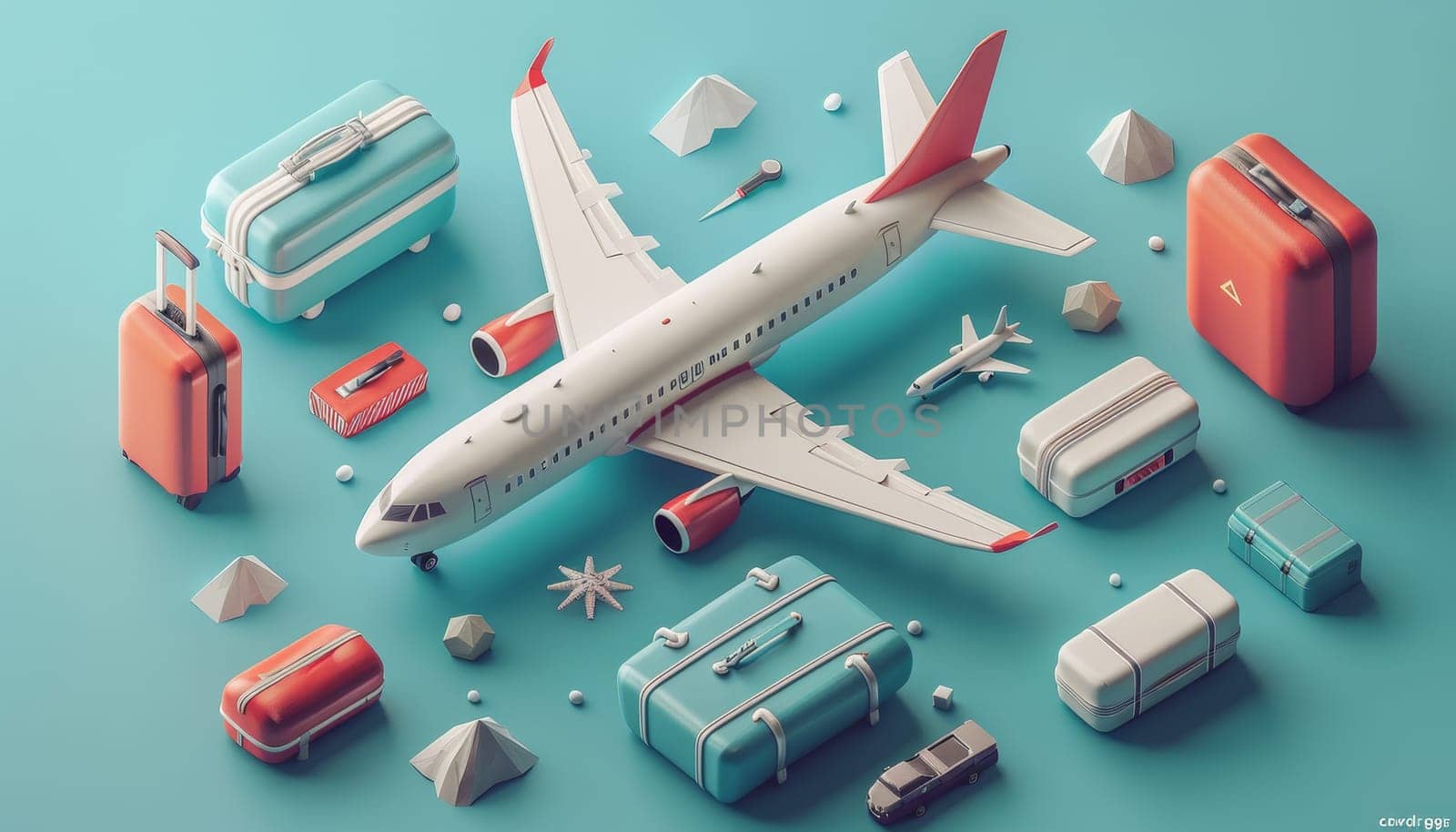 A white airplane is surrounded by luggage and other items by AI generated image.