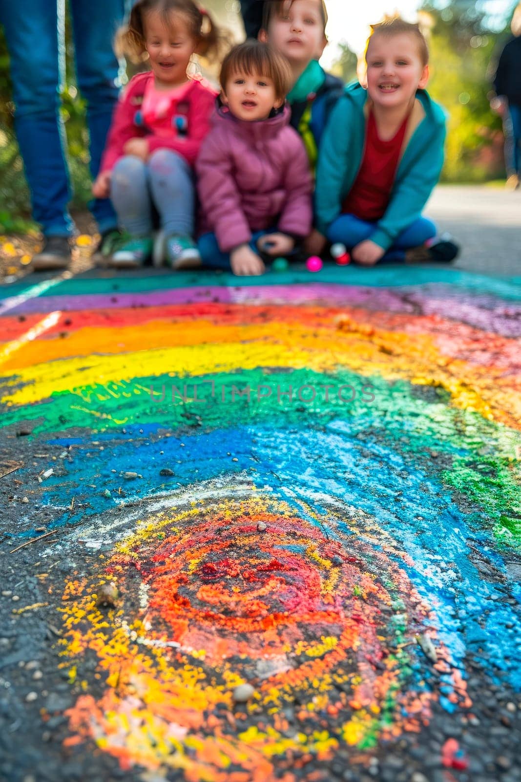 children draw a rainbow on the asphalt with chalk. selective focus. by yanadjana