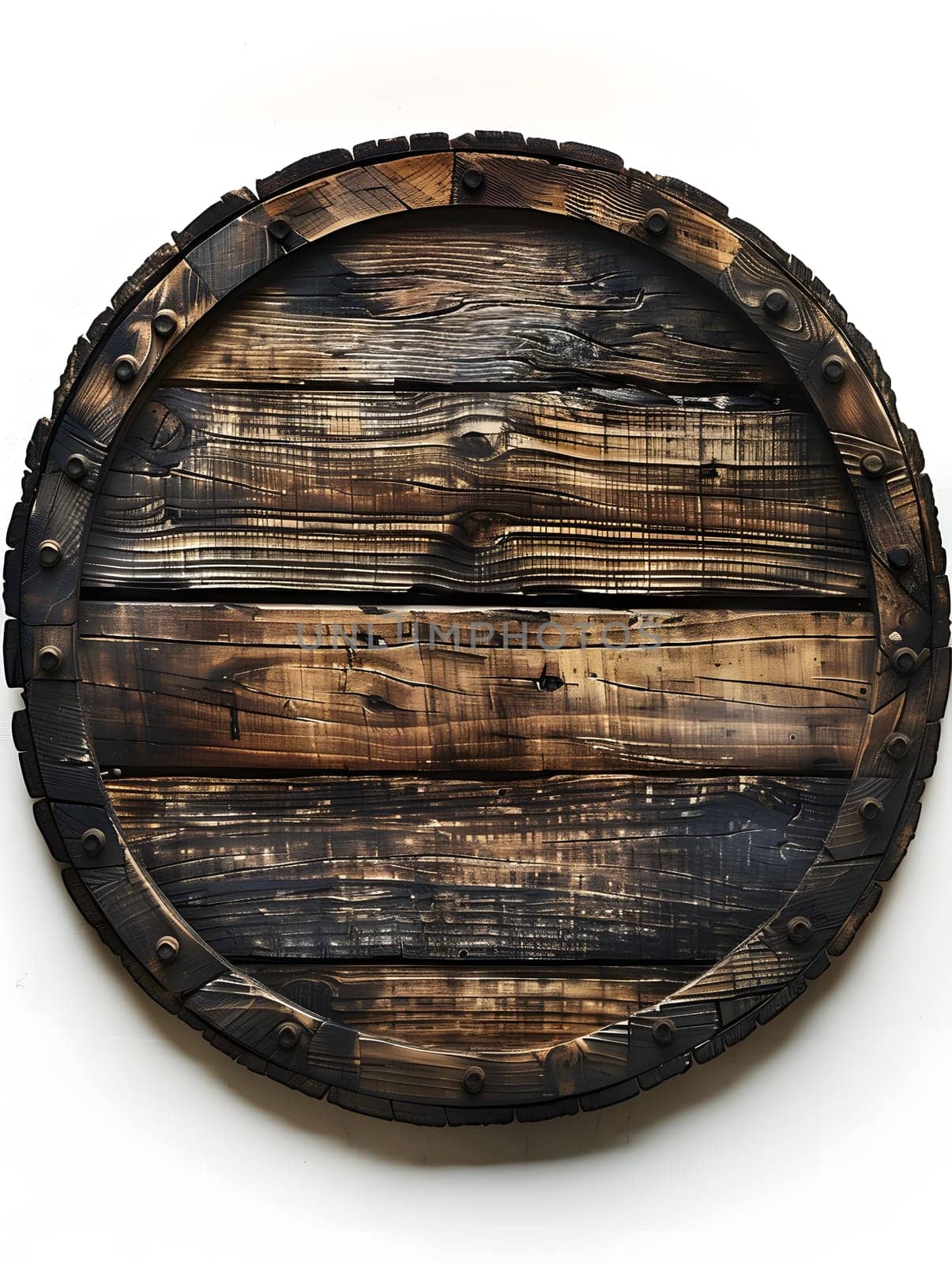 a round wooden shield with a metal rim on a white background by Nadtochiy