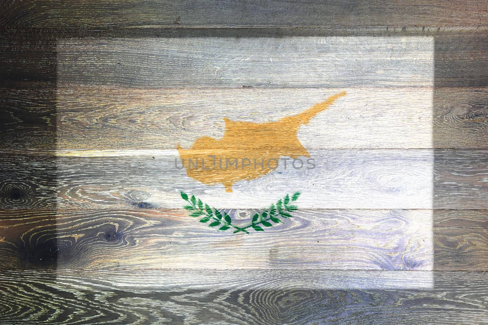 A Cyprus flag on rustic old wood surface background white gold olive branch