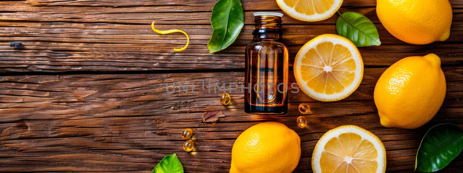 lemon essential oil in a bottle. selective focus. by yanadjana