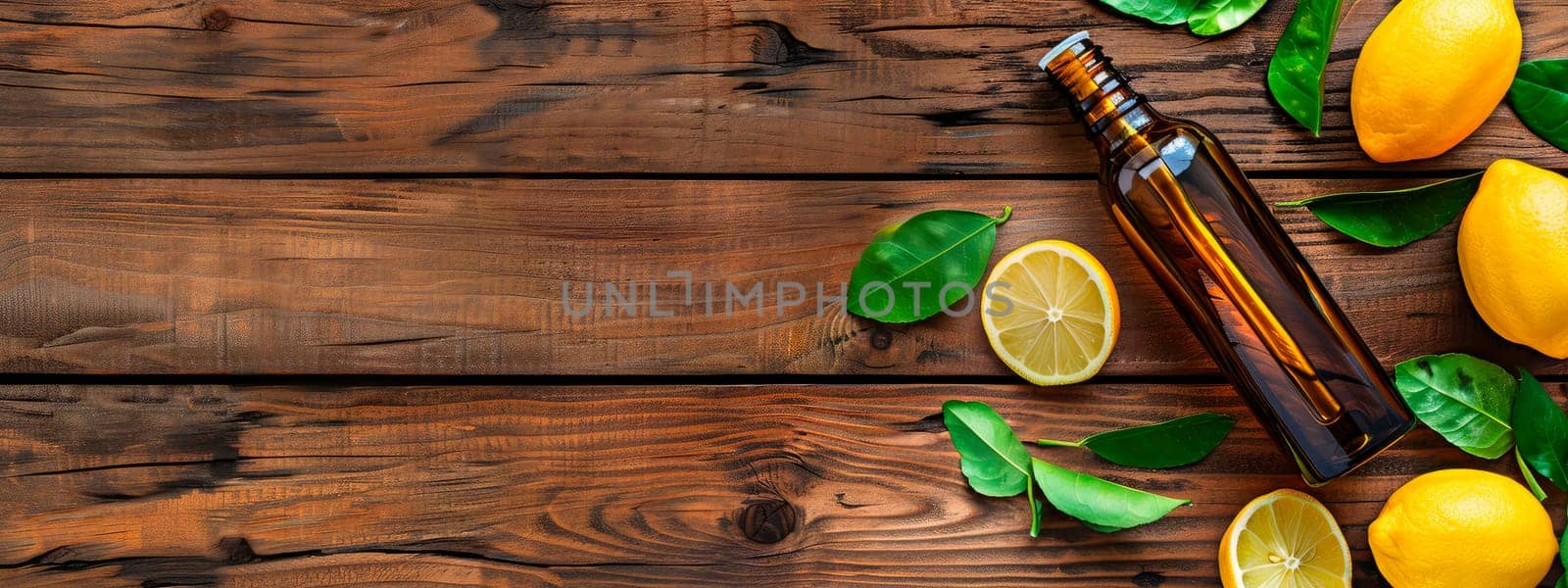 lemon essential oil in a bottle. selective focus. by yanadjana