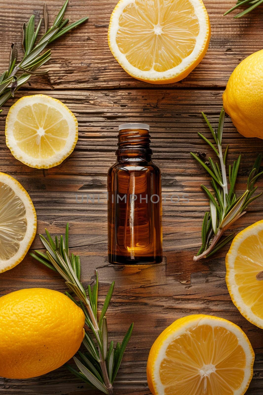 lemon essential oil in a bottle. selective focus. nature.