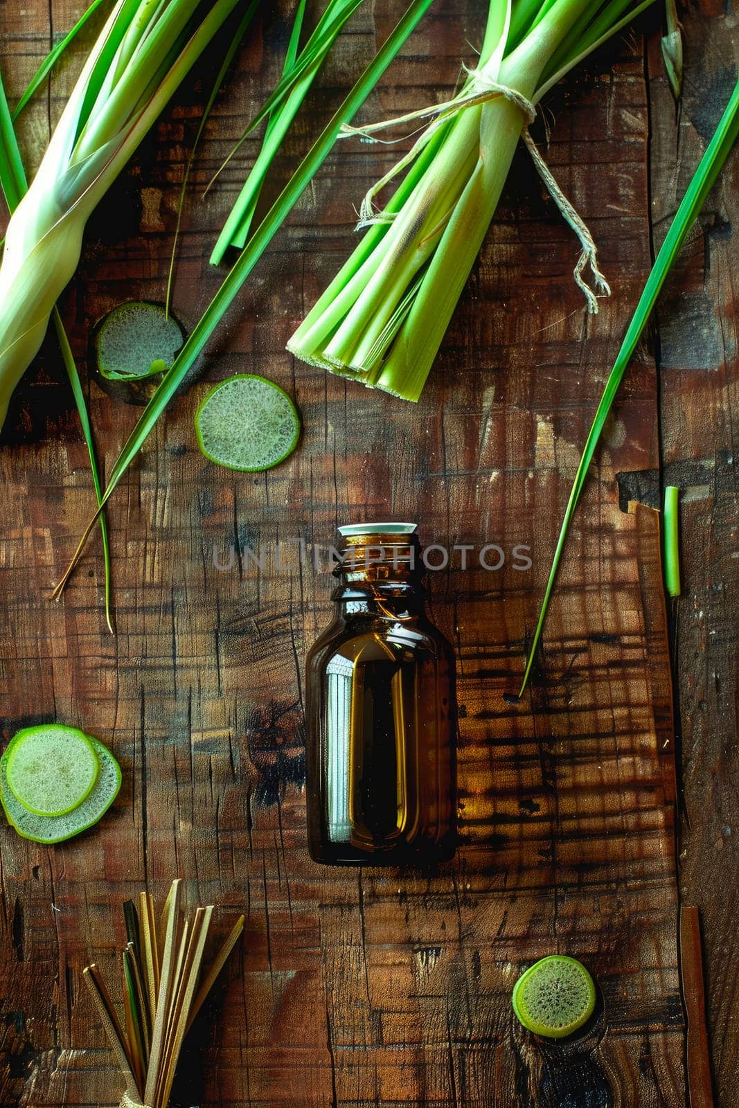 lemongrass essential oil in a bottle. selective focus. by yanadjana
