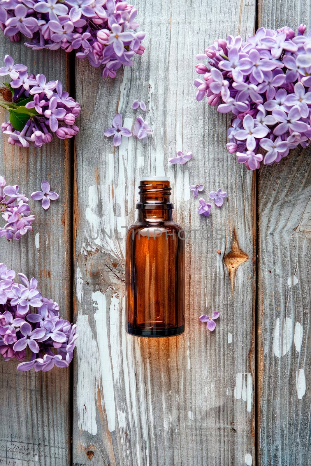 lilac essential oil in a bottle. selective focus. by yanadjana