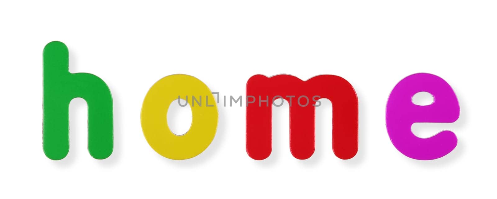 A home word in coloured magnetic letters on white with clipping path to remove shadow