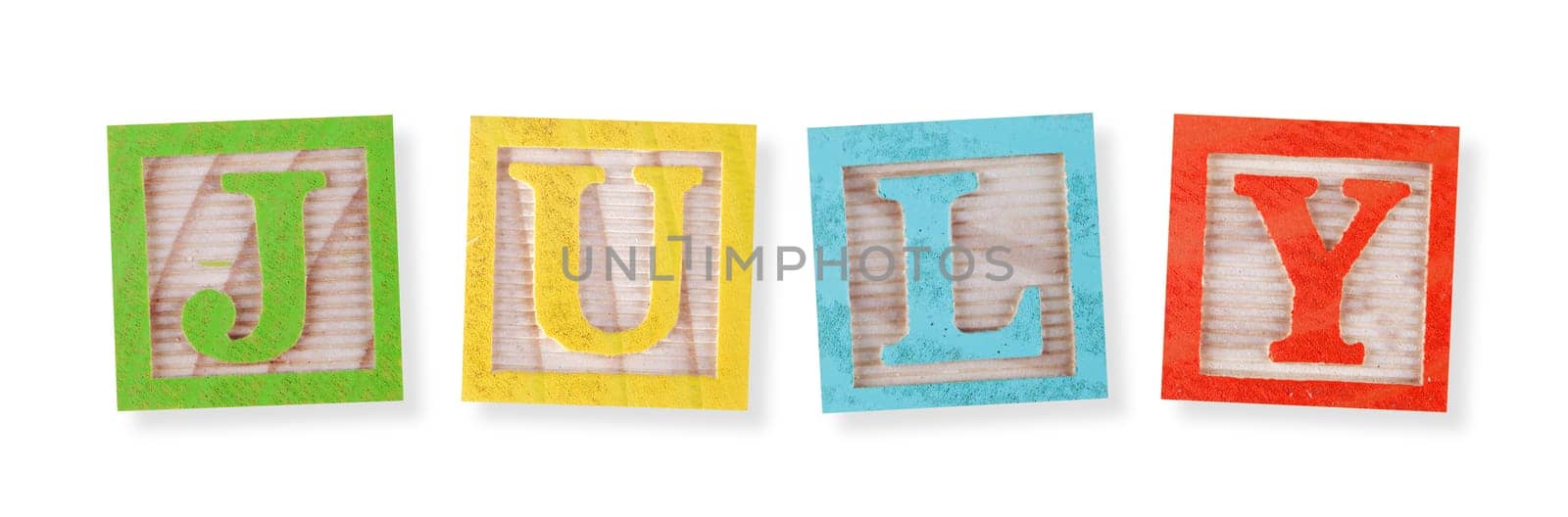 A July concept with childs wood blocks on white with clipping path to remove shadow