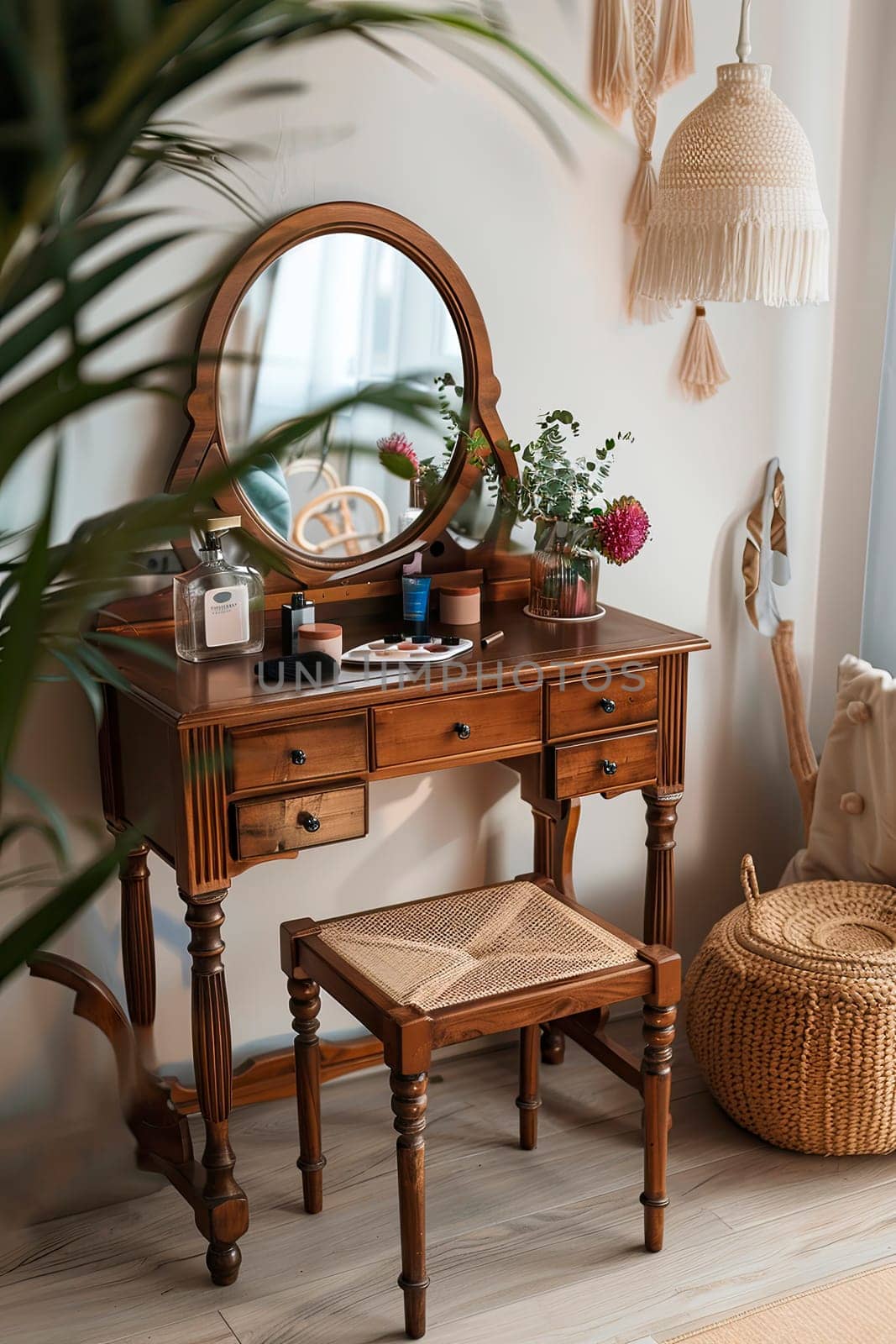 cosmetic table with mirror in boho style. selective focus. spa.