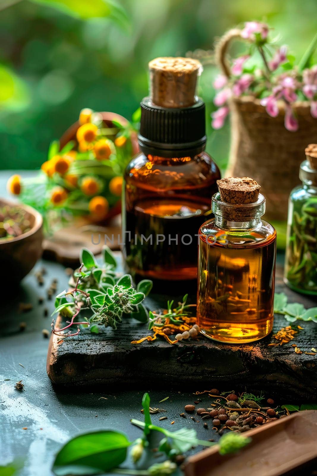tinctures of flowers and herbs in a bottle. selective focus. nature.