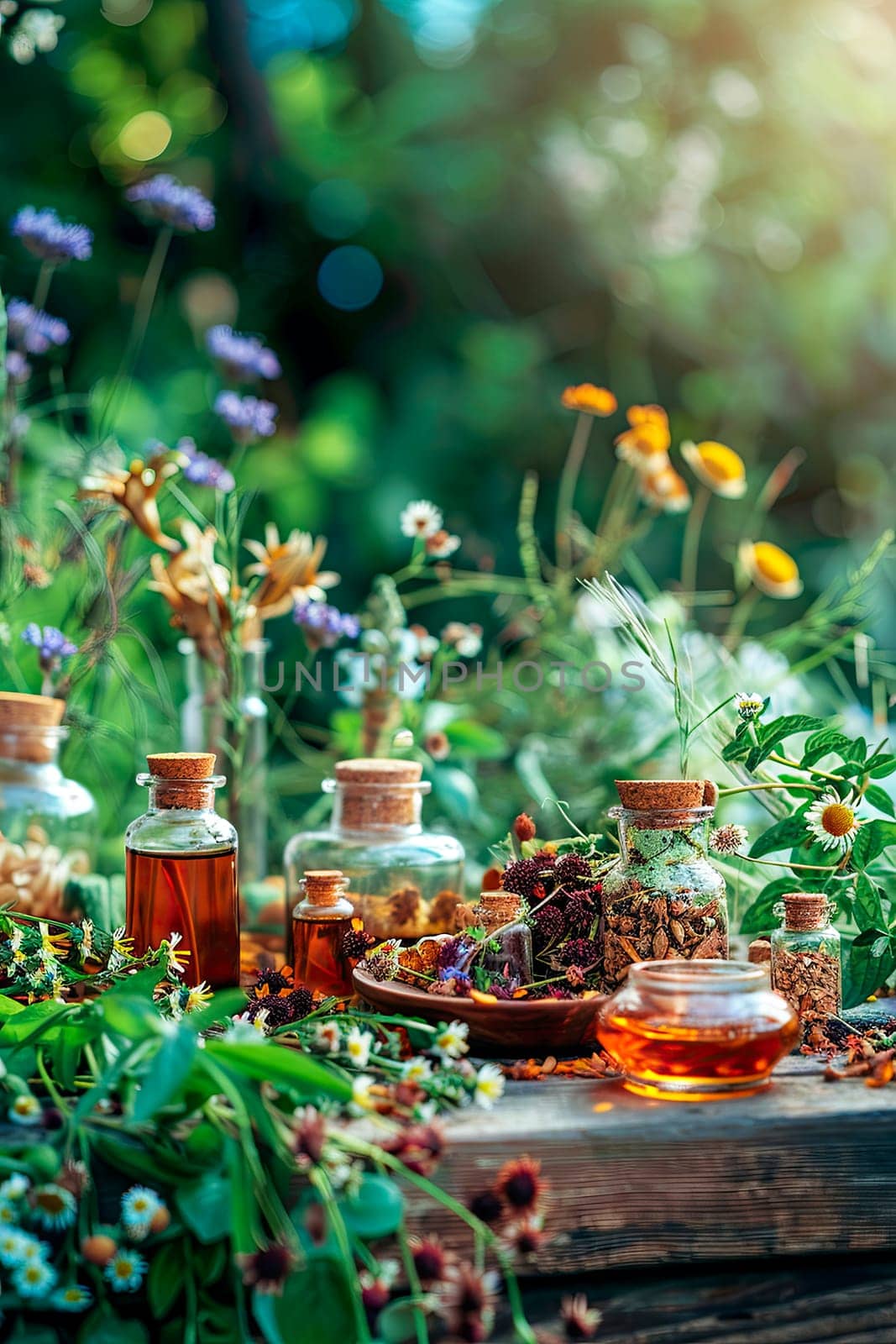 tinctures of flowers and herbs in a bottle. selective focus. by yanadjana