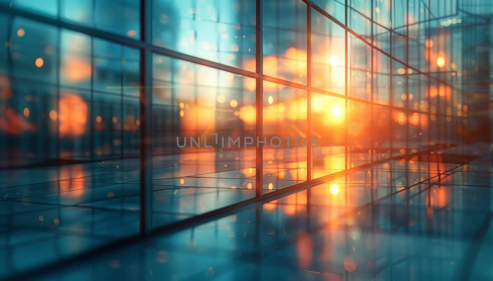 A city skyline with a bright sun shining through the windows by AI generated image by wichayada