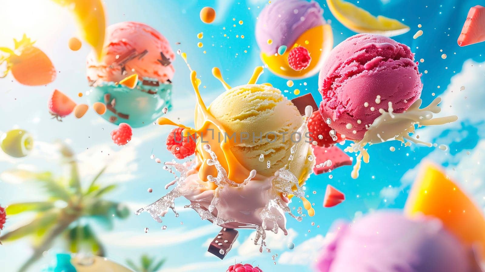 ice cream balls with berries and fruit splash. selective focus. by yanadjana