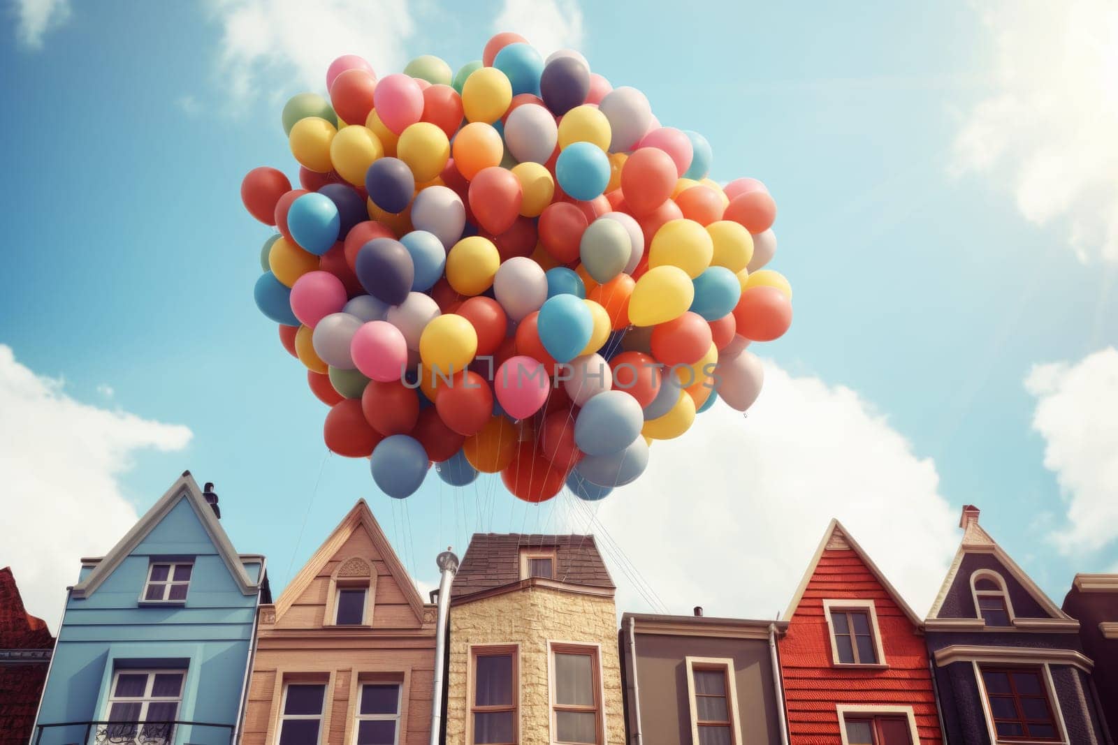 Houses with balloons bunch. Real estate purchasing, moving house and housewarming concept. Generated AI.