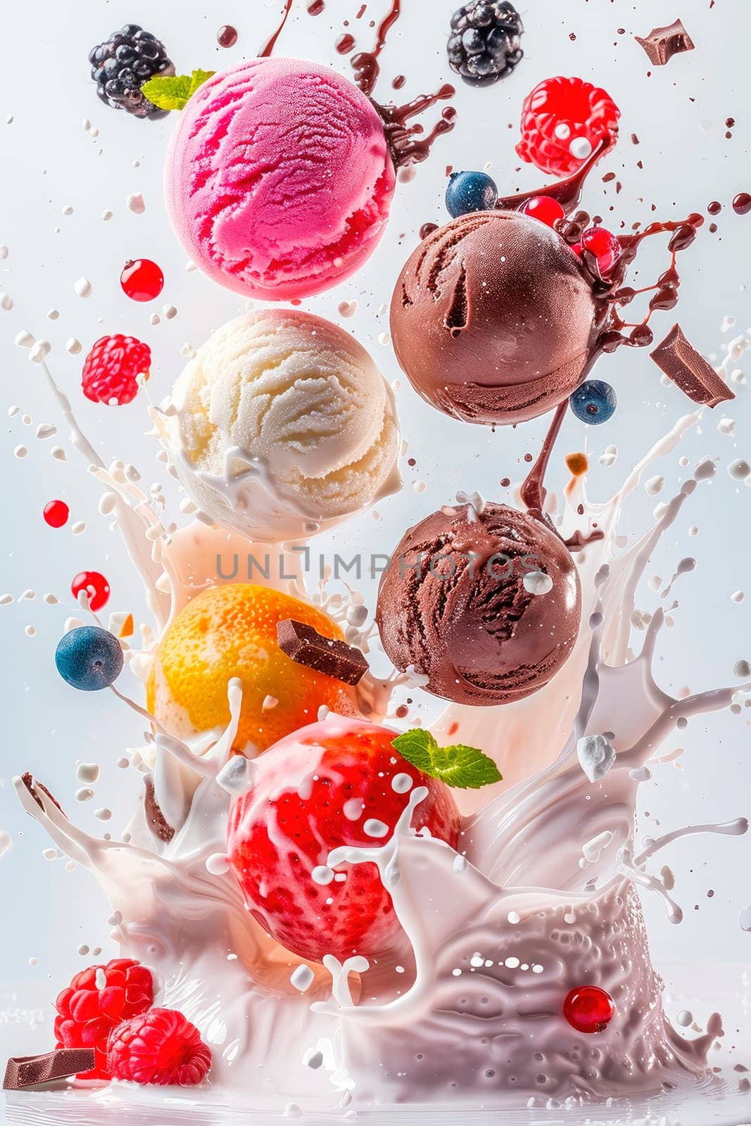 ice cream balls with berries and fruit splash. selective focus. by yanadjana