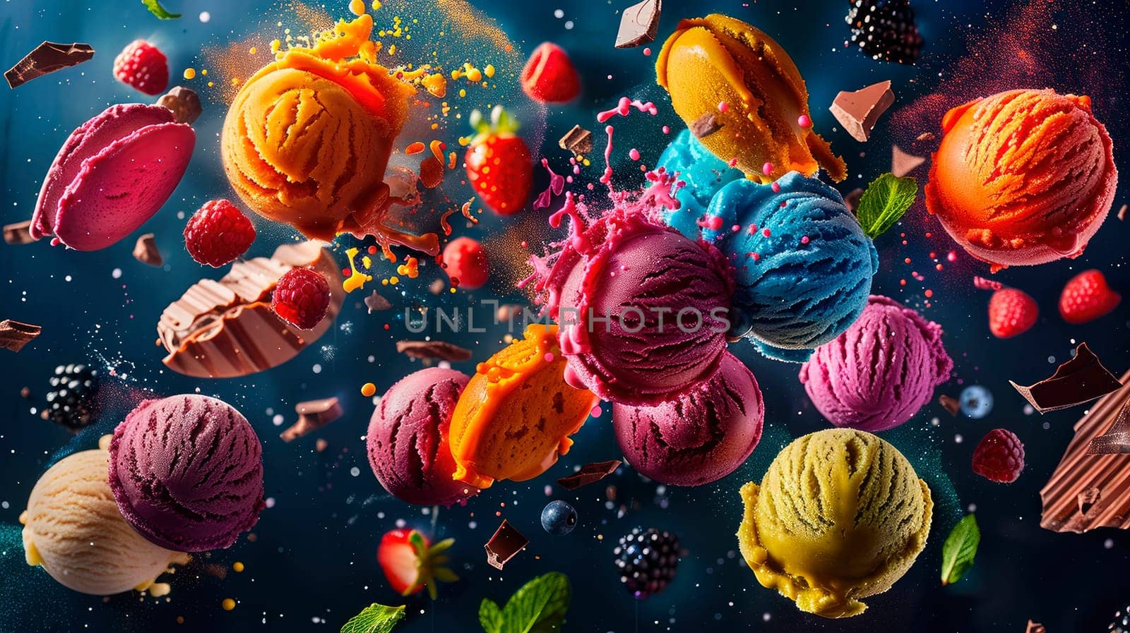 ice cream balls with berries and fruit splash. selective focus. food.