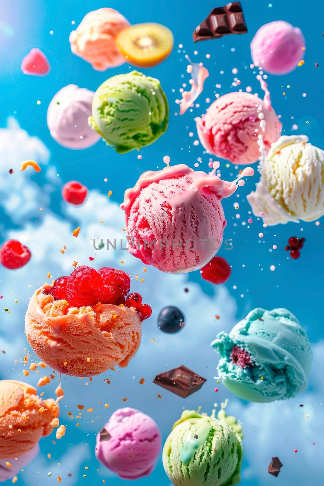 ice cream balls with berries and fruit splash. selective focus. by yanadjana